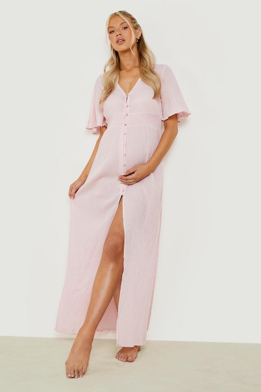 Pink rose Maternity Shirred Waist Beach Maxi Dress