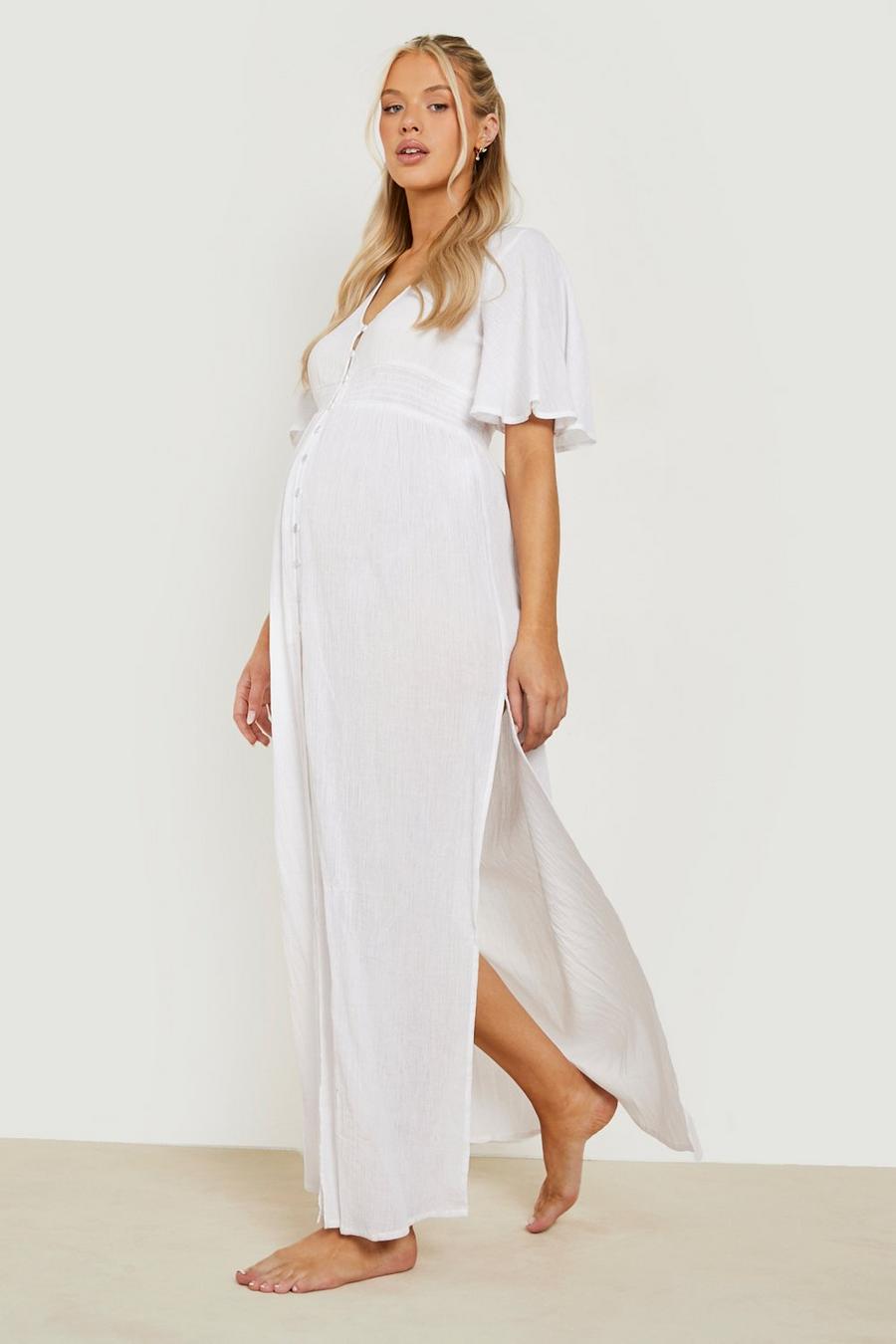 White Maternity Shirred Waist Beach Maxi Dress image number 1