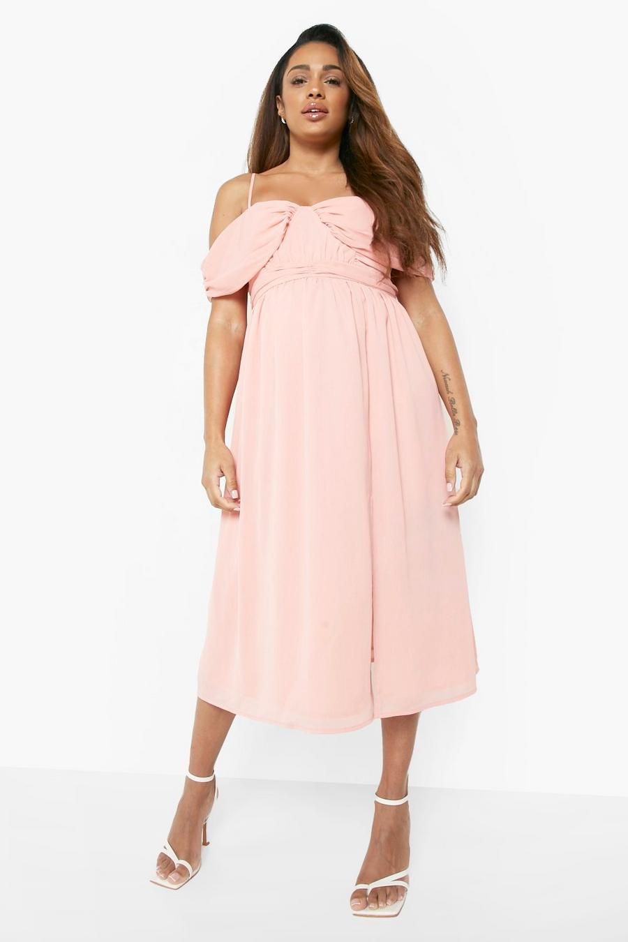 Pink rose Maternity Occasion Pleated Floaty Midi Dress