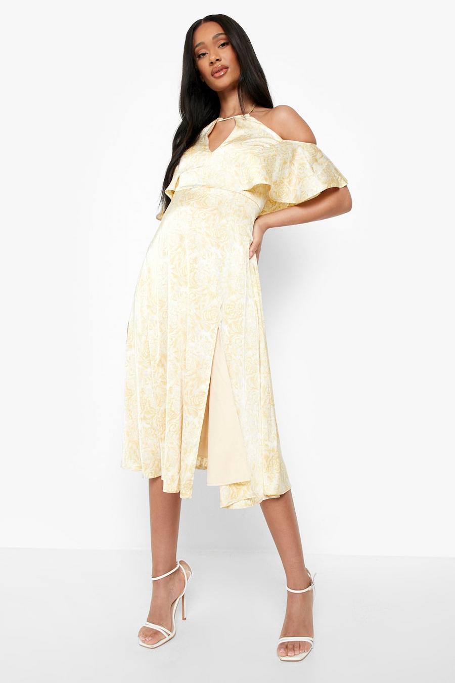 Yellow Maternity Occasion Fluted Sleeve Midi Dress image number 1