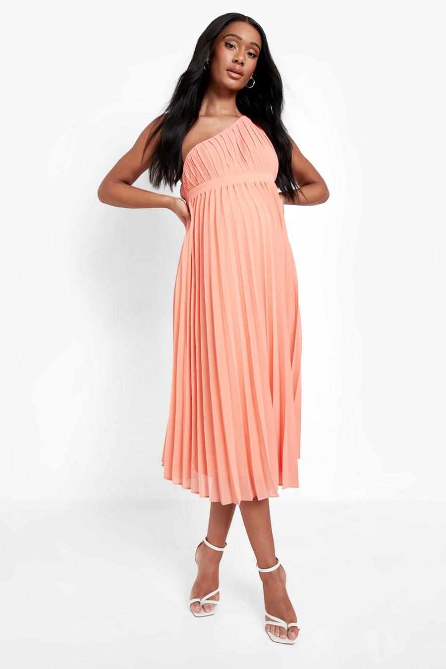 Coral pink Maternity Occasion One Shoulder Pleated Midi Dress