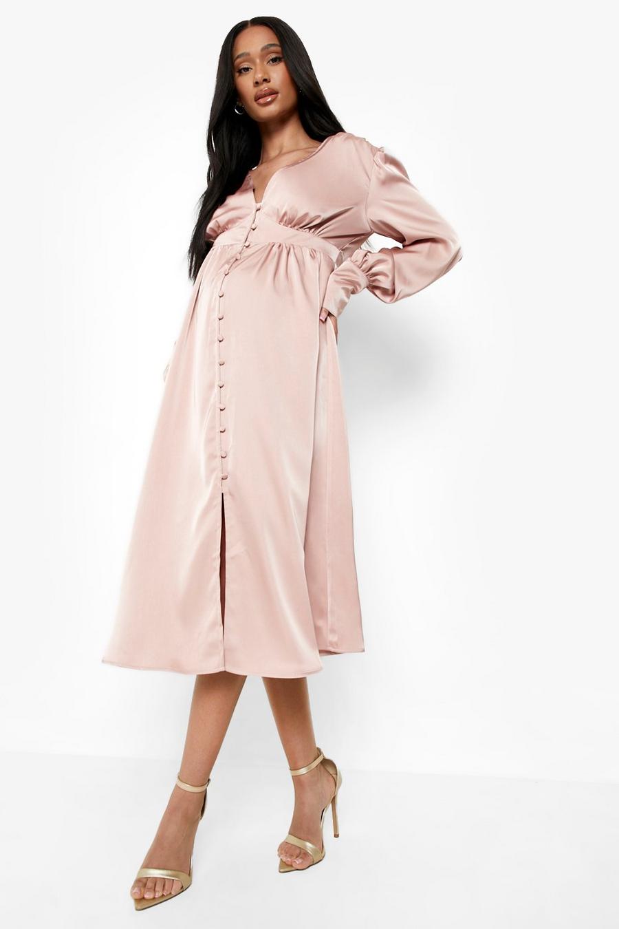 Mink Maternity Occasion Satin Button Midi Dress image number 1