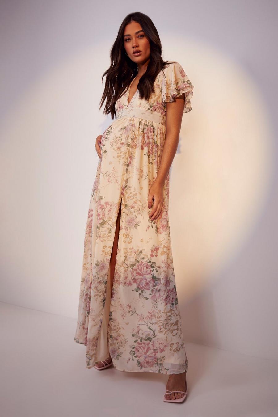 Blush pink Maternity Occasion Floral Angel Sleeve Maxi Dress