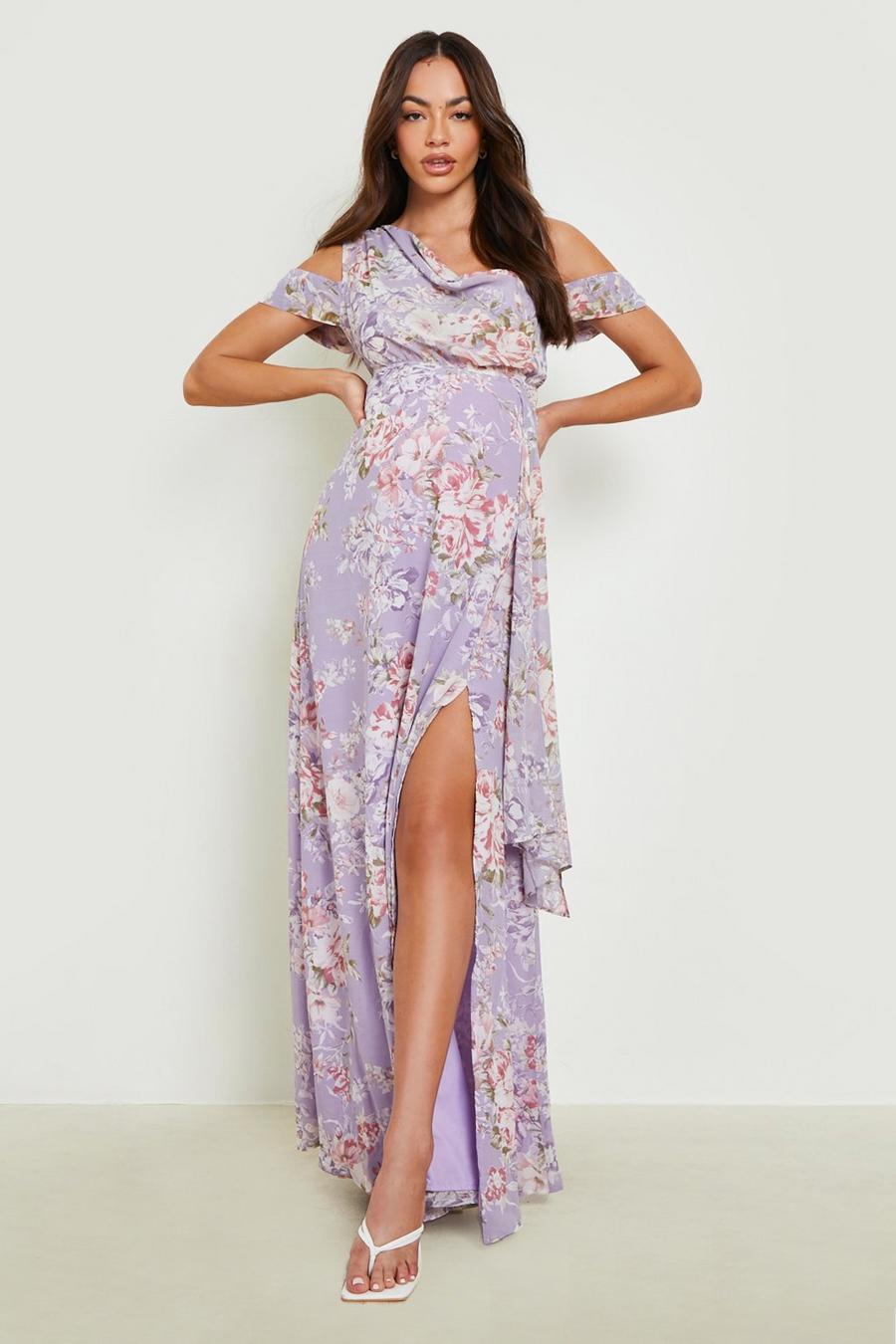 Lilac purple Maternity Occasion Drape Shoulder Maxi Dress