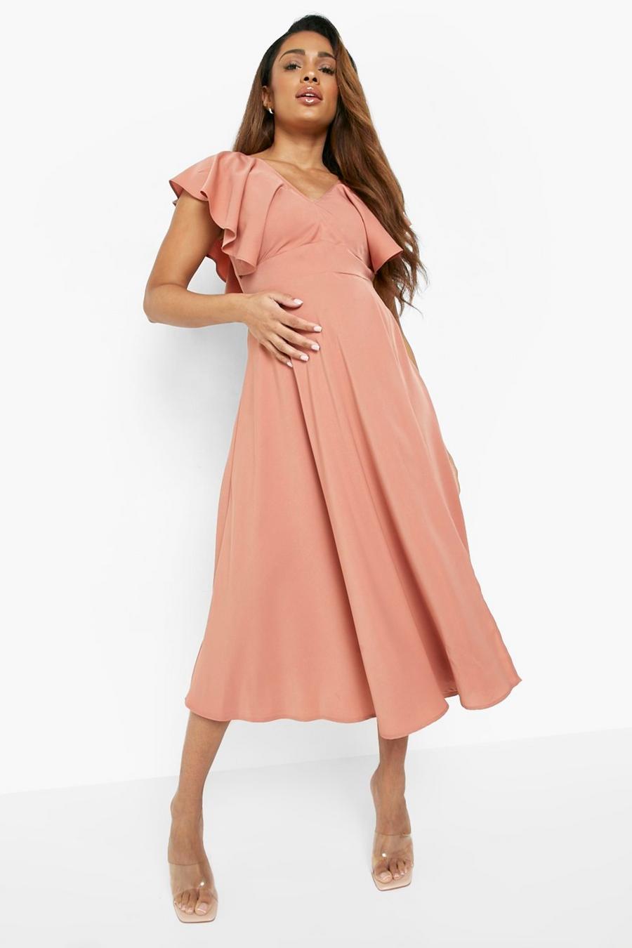 Baked coral pink Maternity Occasion Tie Back Frill Midi Dress