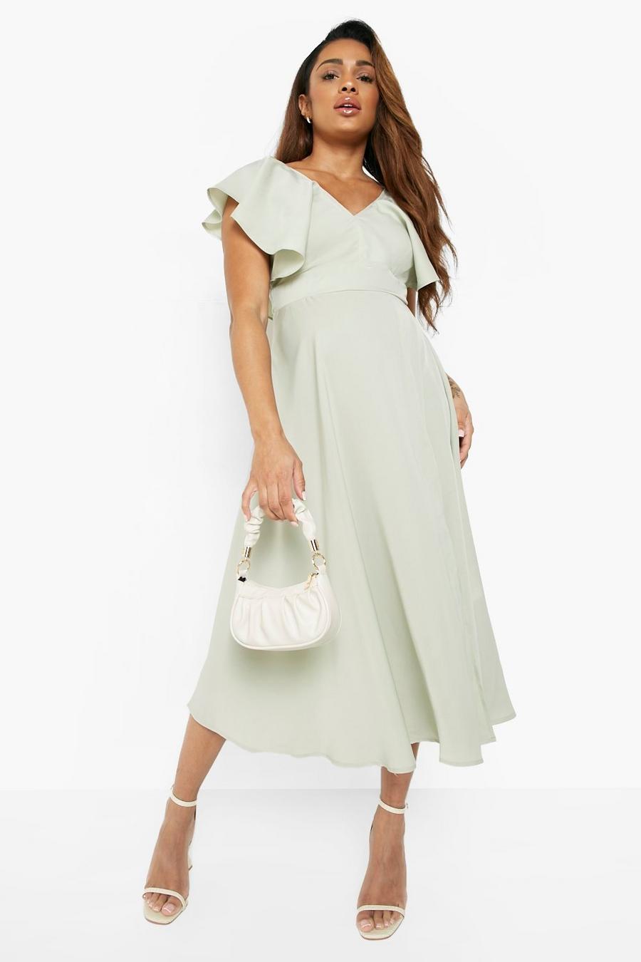 Sage green Maternity Wrap Puff Sleeve Midi Dress