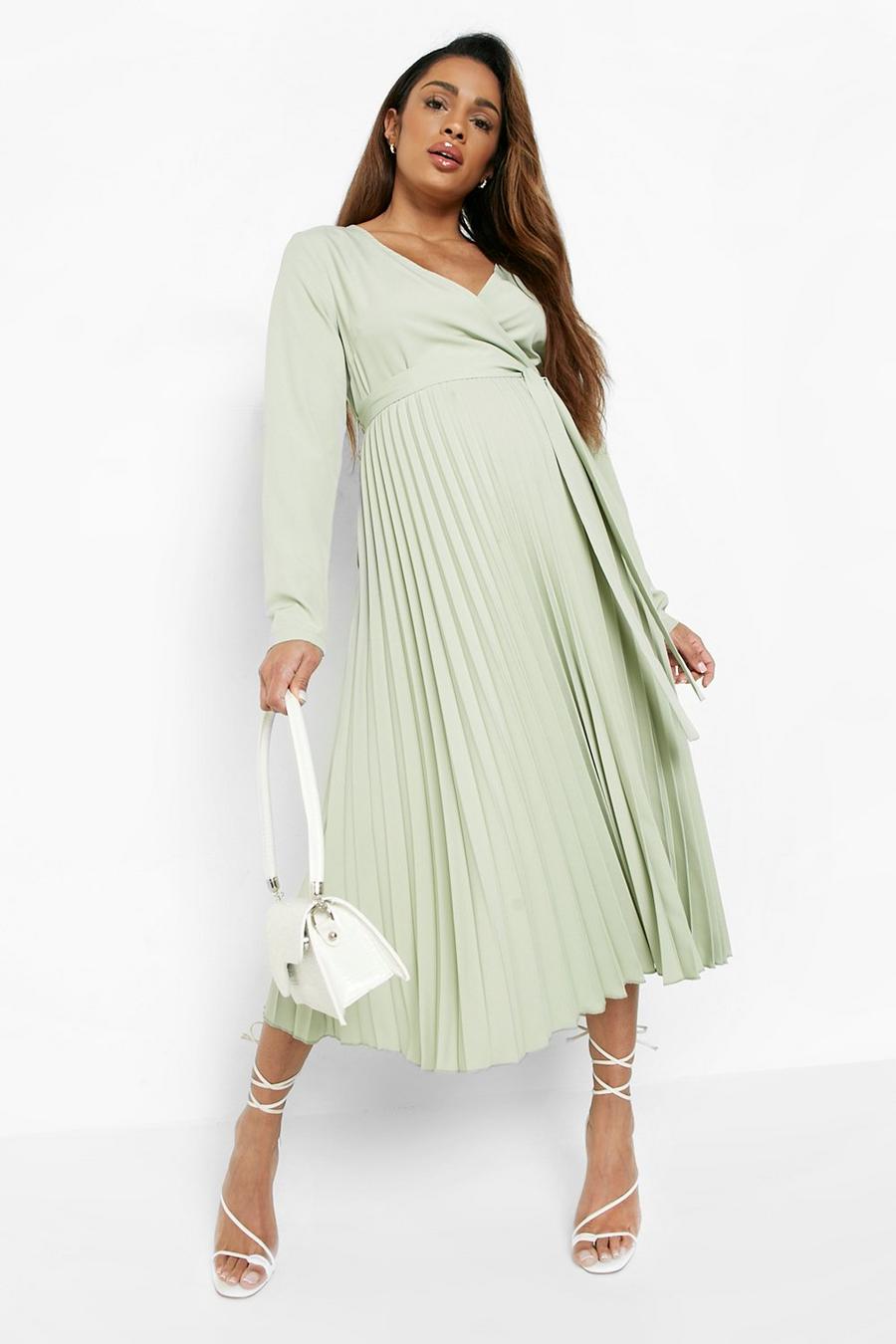 Sage green Maternity Occasion Pleated Wrap Midi Dress