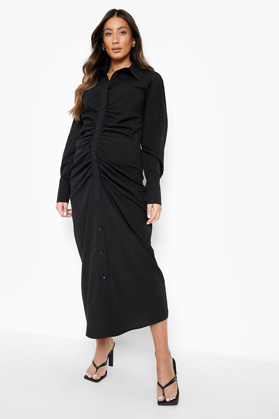 Black Maternity Ruched Front Cotton Midi Dress image number 1