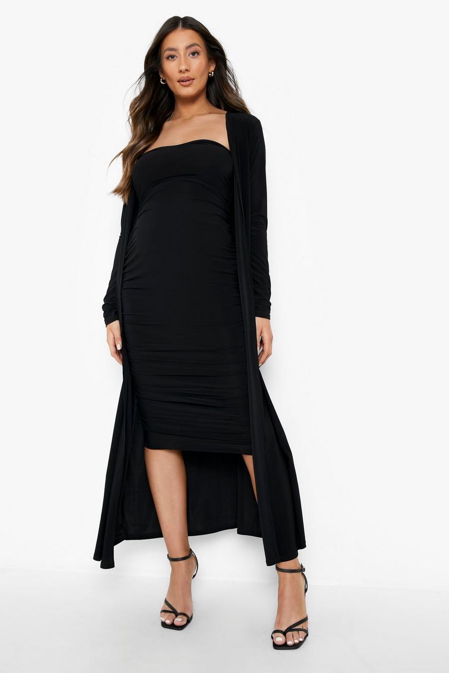 Black Maternity Sweetheart Bandeau Midi Dress And Duster Set image number 1