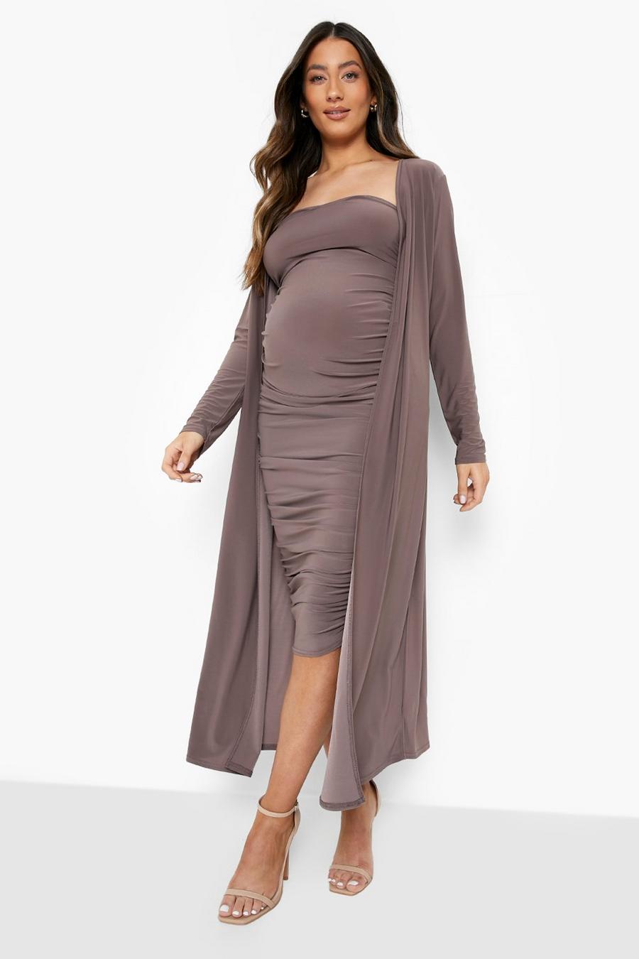 Mocha Maternity Sweetheart Bandeau Midi Dress And Duster Set image number 1