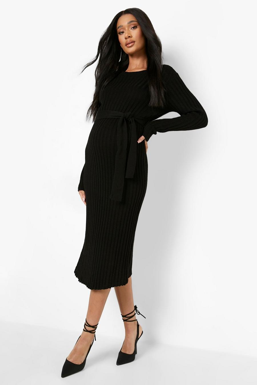 Black Maternity Belted Midi Dress