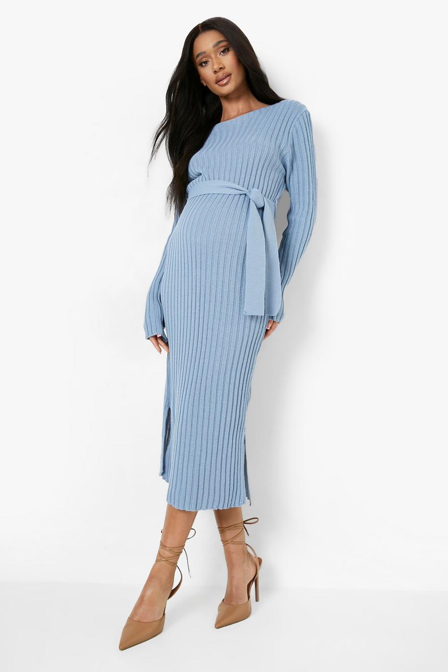 Blue Maternity Belted Midi Dress image number 1