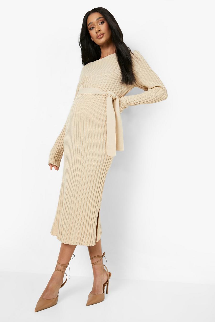 Stone beis Maternity Belted Midi Dress