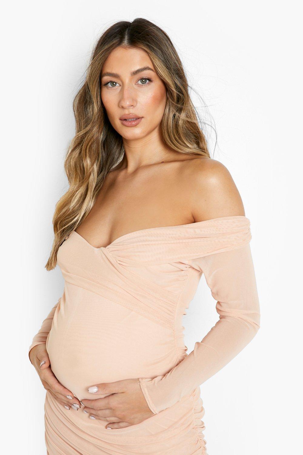 Maternity Off Shoulder Ruched Mesh Midi Dress