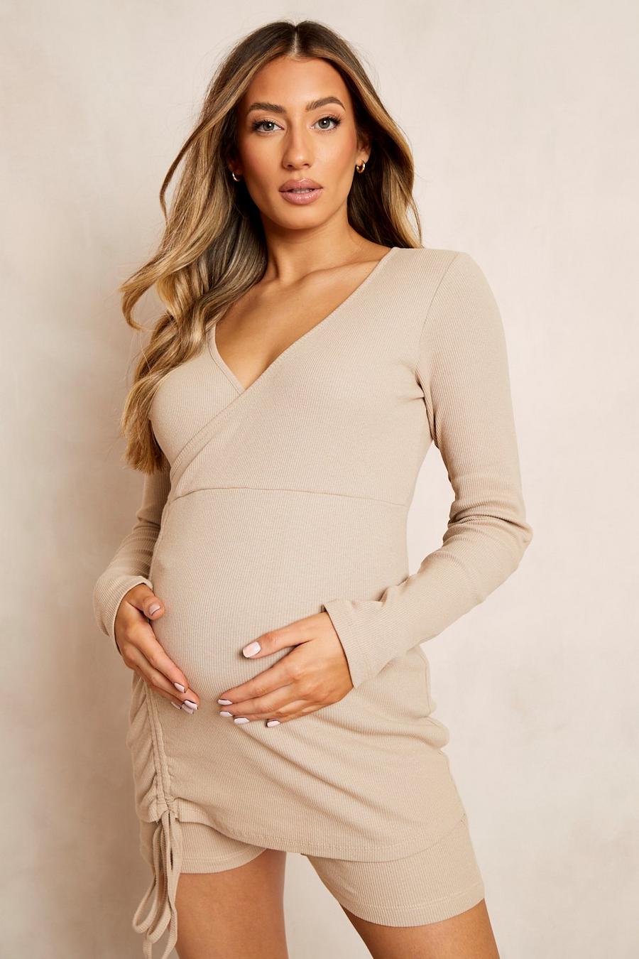 Taupe beige Maternity Nursing Wrap Ruched Side T-Shirt