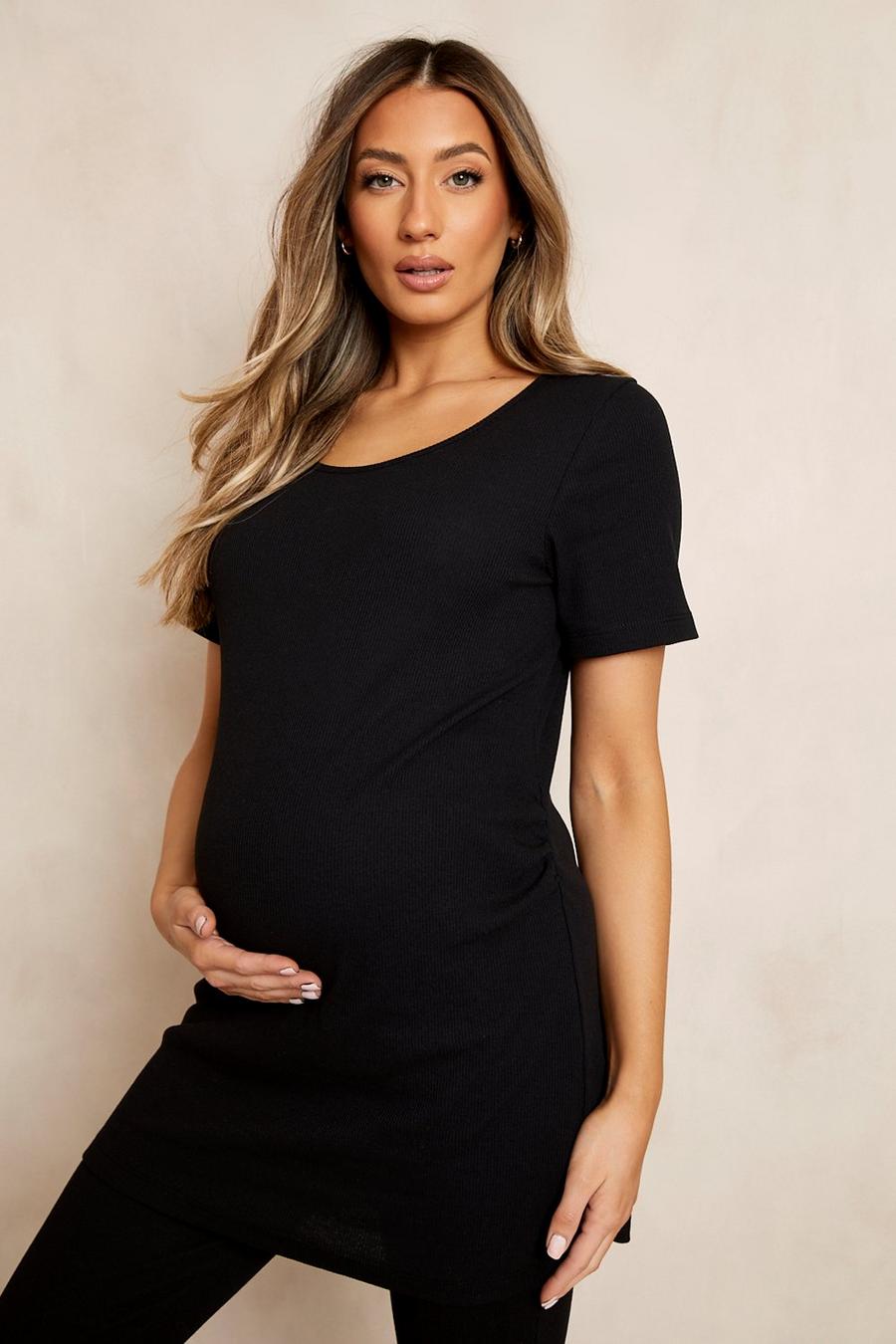Black Maternity Rib Ruched Short Sleeve T-shirt image number 1
