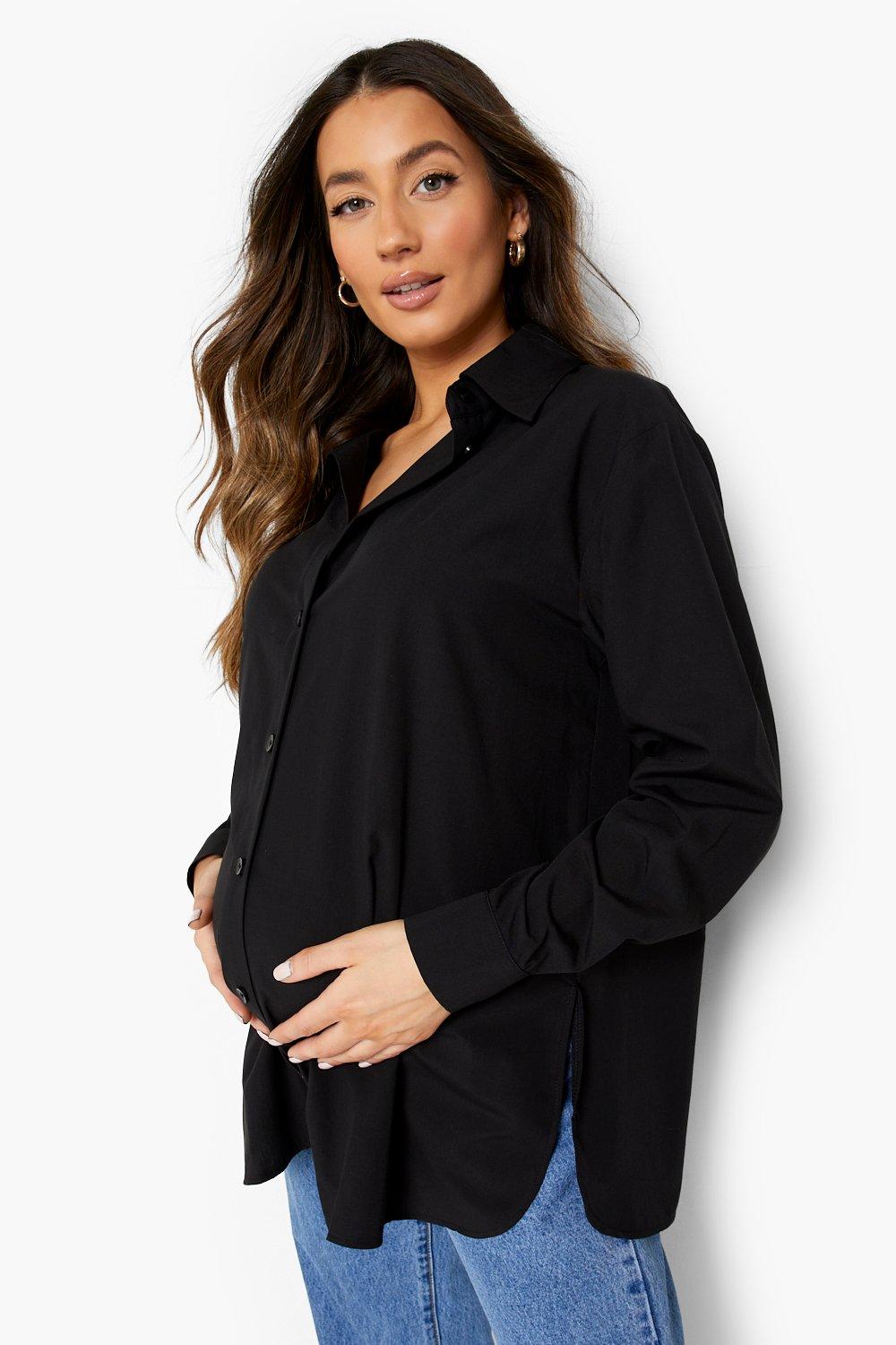 Black Maternity Side Split Oversized Cotton Shirt boohoo UK