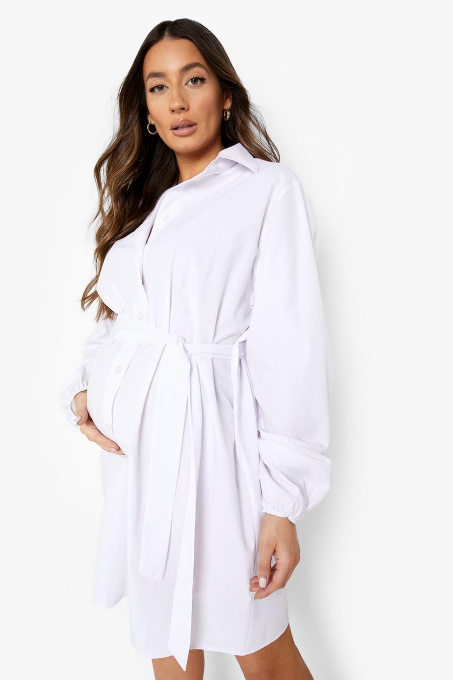 White Maternity Balloon Sleeve Tie Shirt Dress image number 1