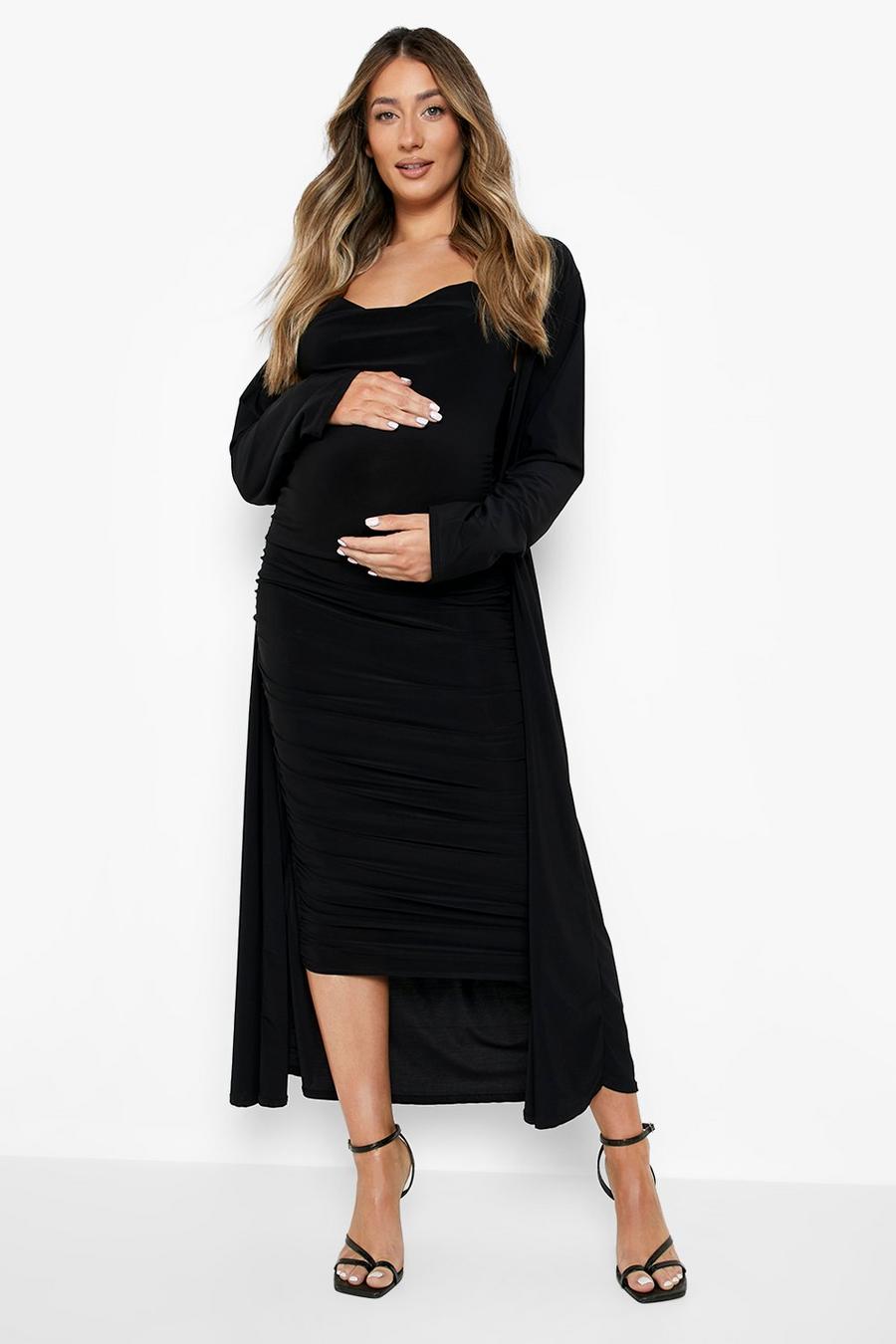 Black Maternity Strappy Cowl Dress And Duster Set image number 1