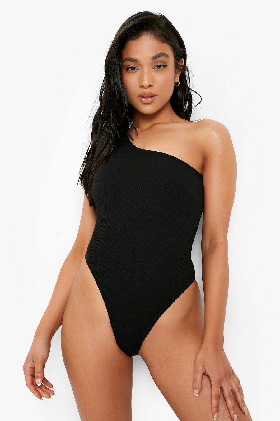 Black Petite Crinkle One Shoulder Swimsuit
