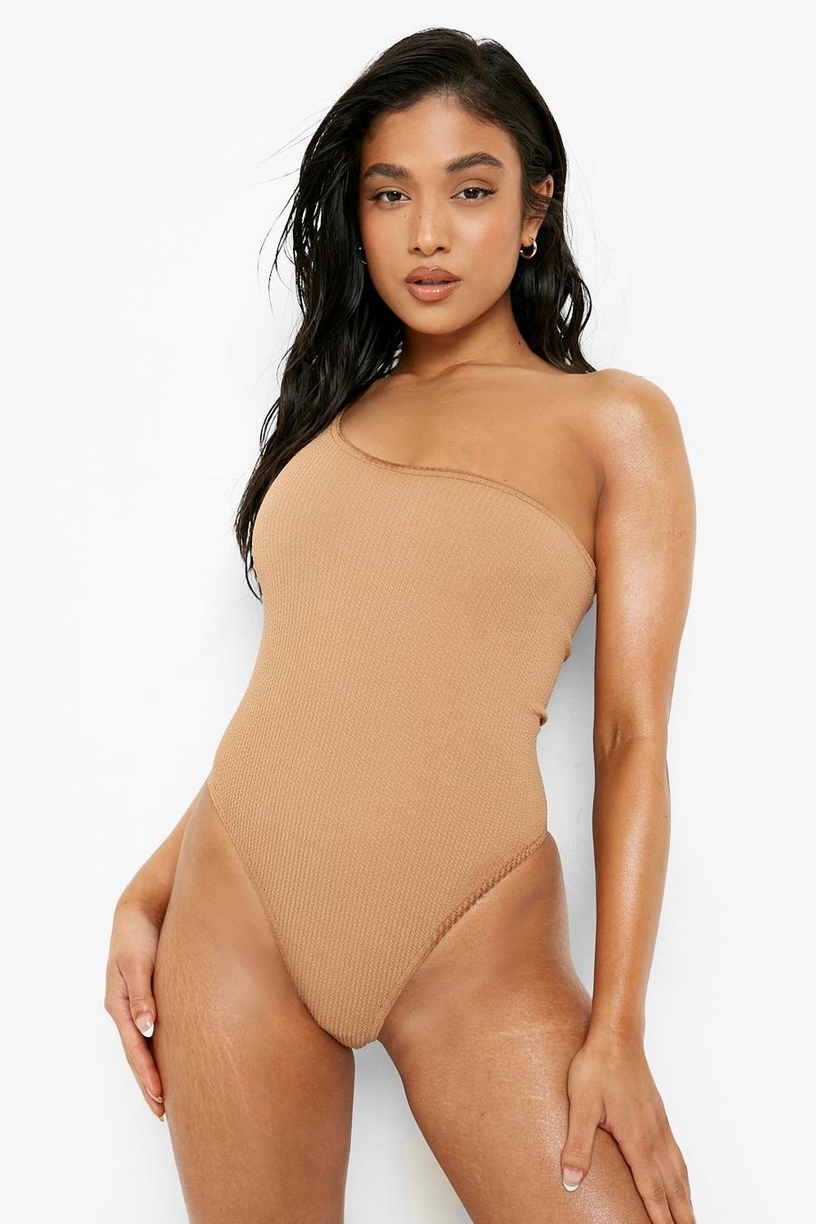 Chocolate Petite Crinkle One Shoulder Swimsuit image number 1