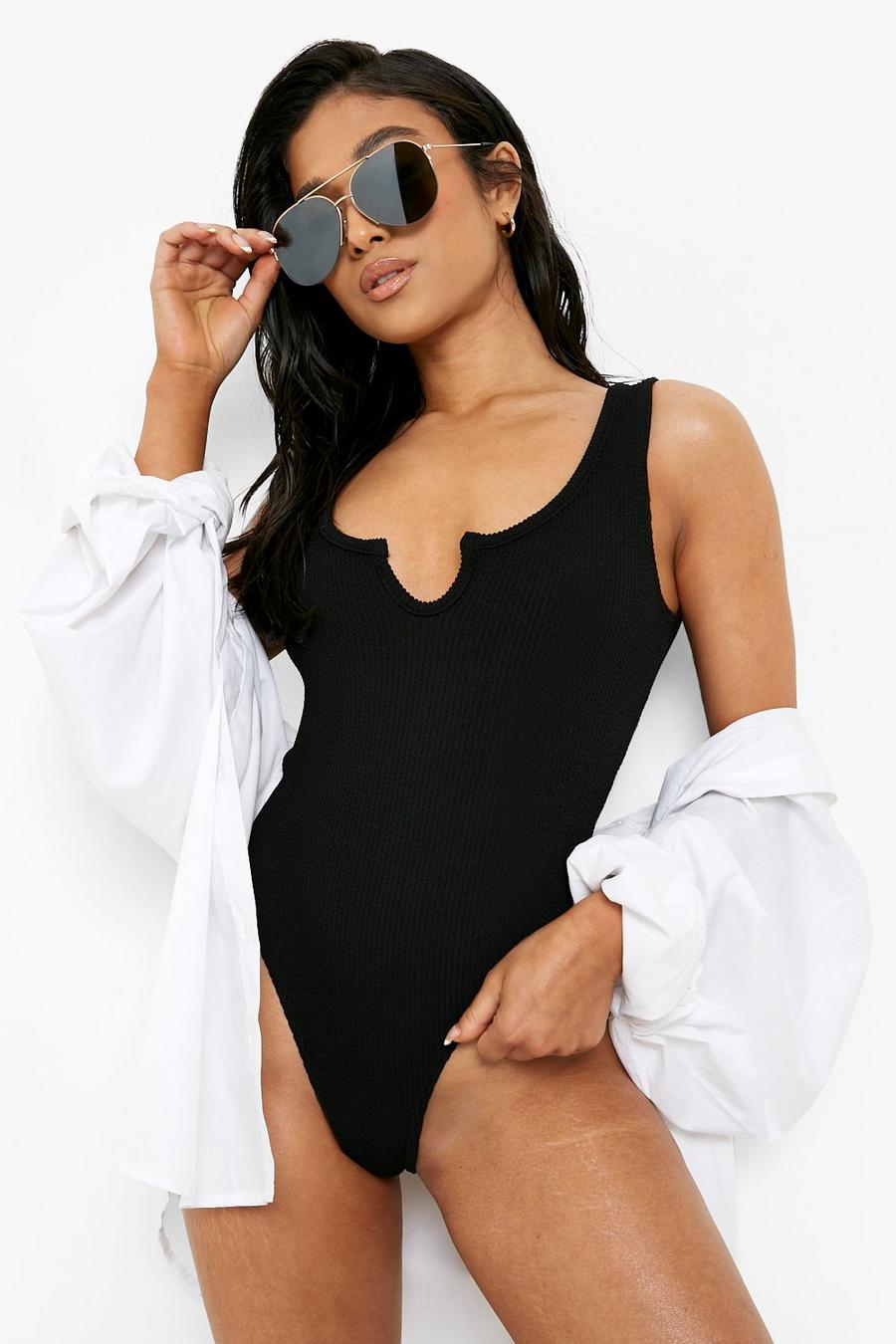 Black Petite Crinkle Notch Front Plunge Swimsuit image number 1