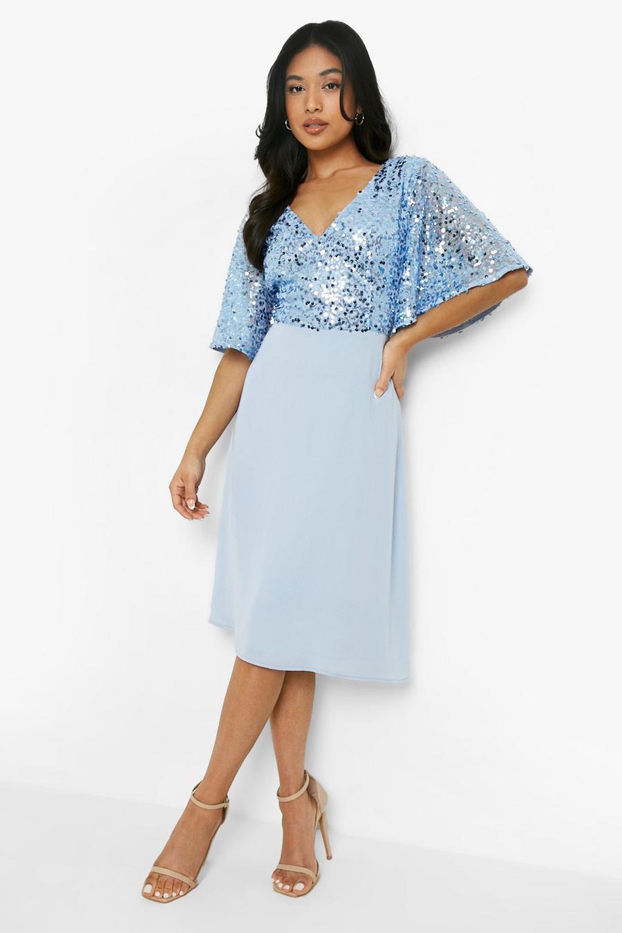 כחול שמלת מידי חגיגית עם פייטים ושרוולי מלאך, פטיט image number 1