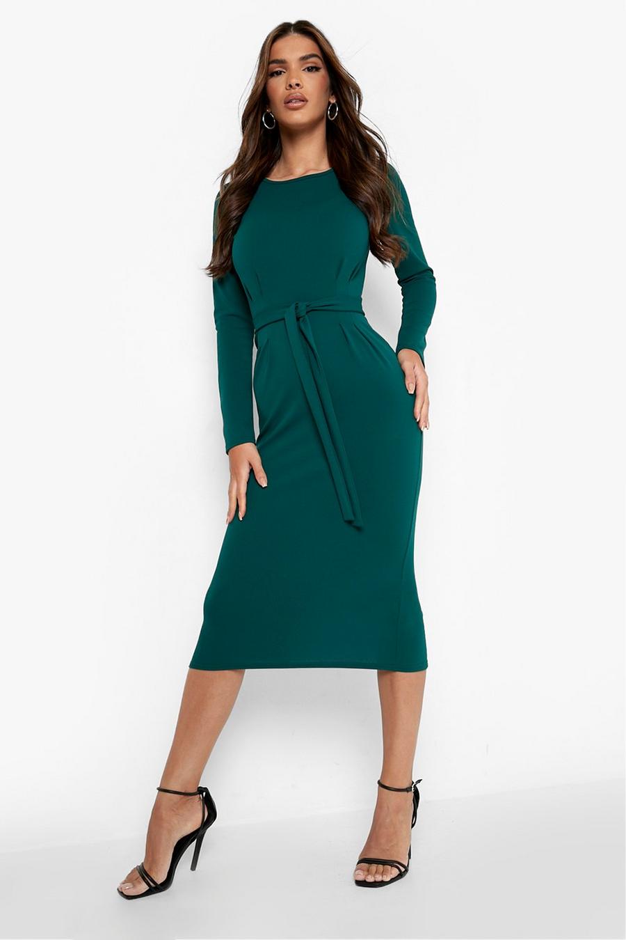 Emerald Long Sleeve Belted Tailored Midi Dress