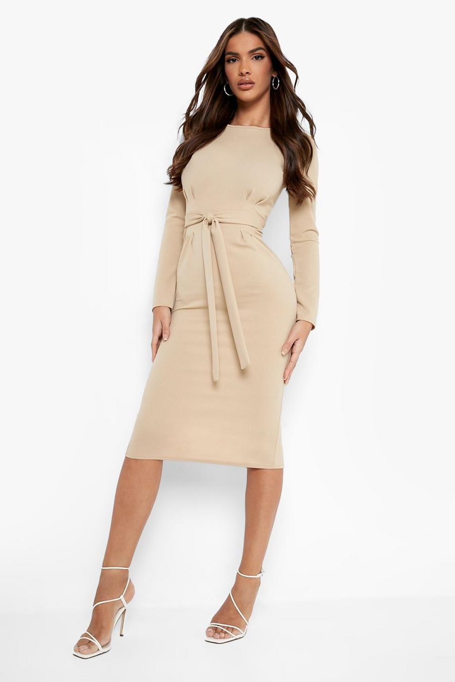 Stone beige Long Sleeve Belted Tailored Midi Dress