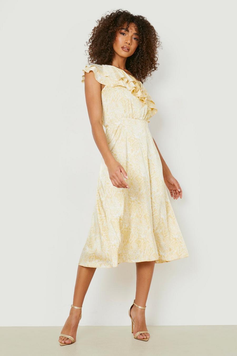 Yellow Tall Frill One Shoulder Occasion Midi Dress image number 1