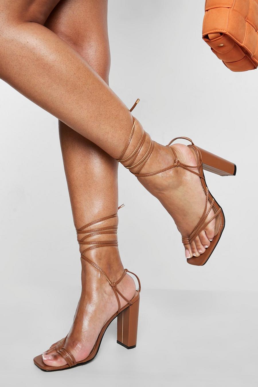 Chocolate Strappy Toe Post Lace Up Heels image number 1