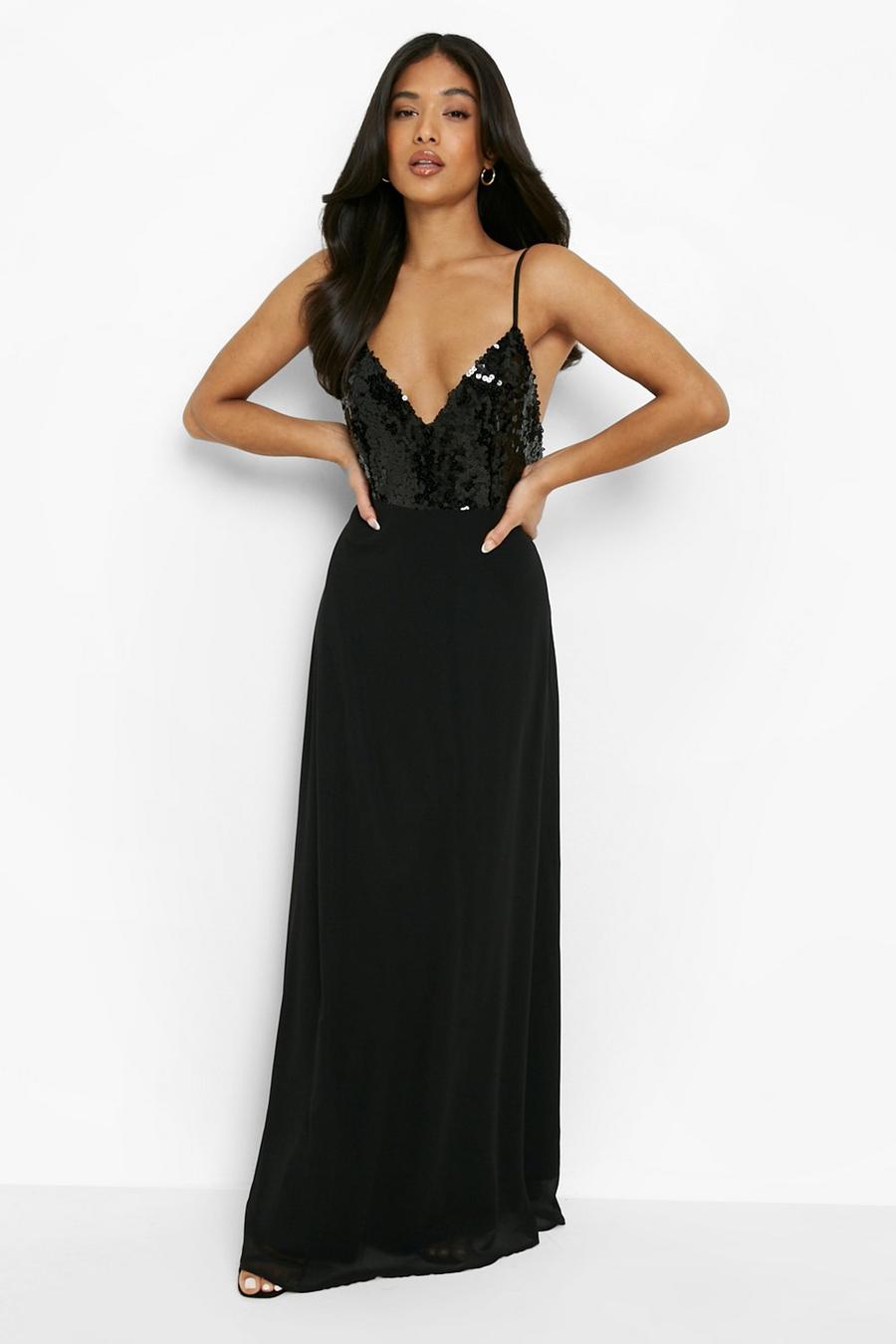 Black Petite Sequin Woven Maxi Occasion Dress image number 1