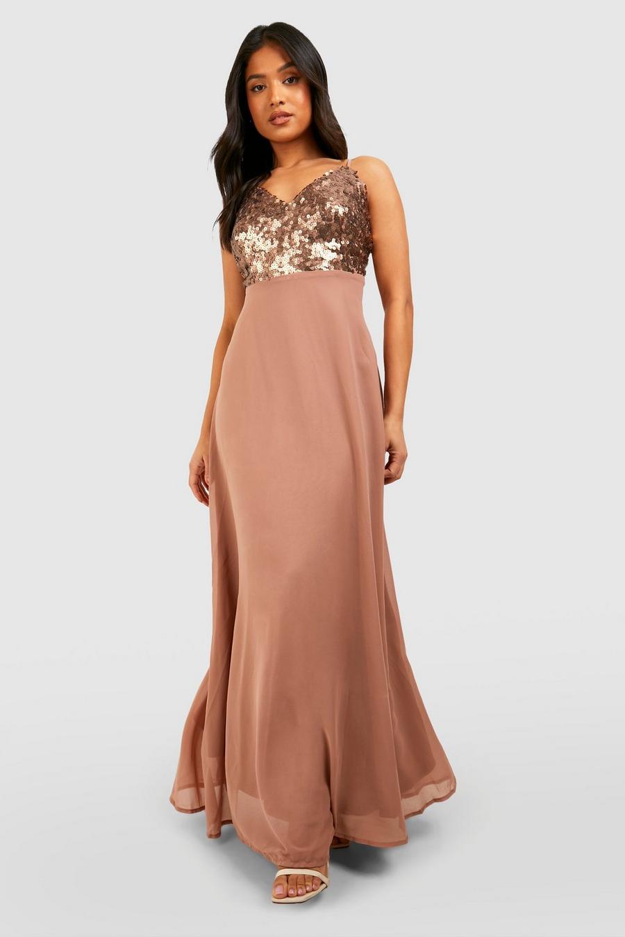 Bronze Petite Sequin Woven Maxi Occasion Dress  image number 1