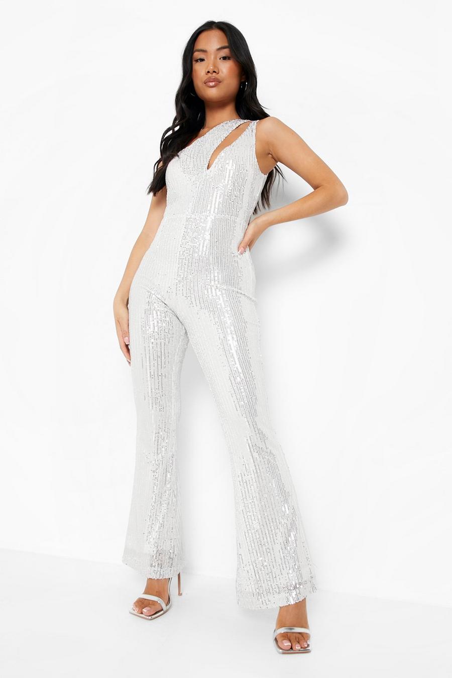 White Petite Sequin Cut Out Detail Flare Jumpsuit image number 1