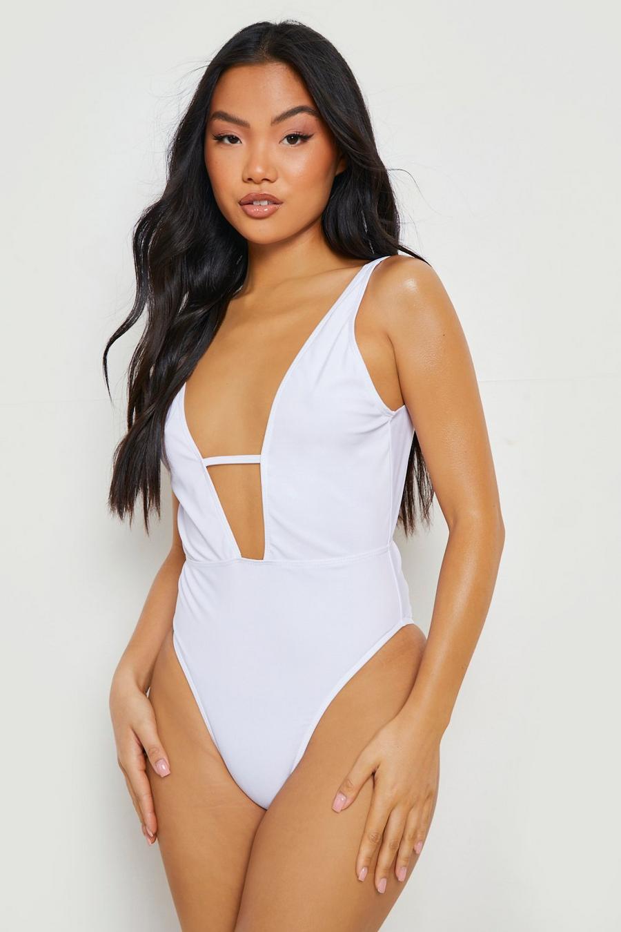 White Petite Plunge Cut Out Swimsuit image number 1
