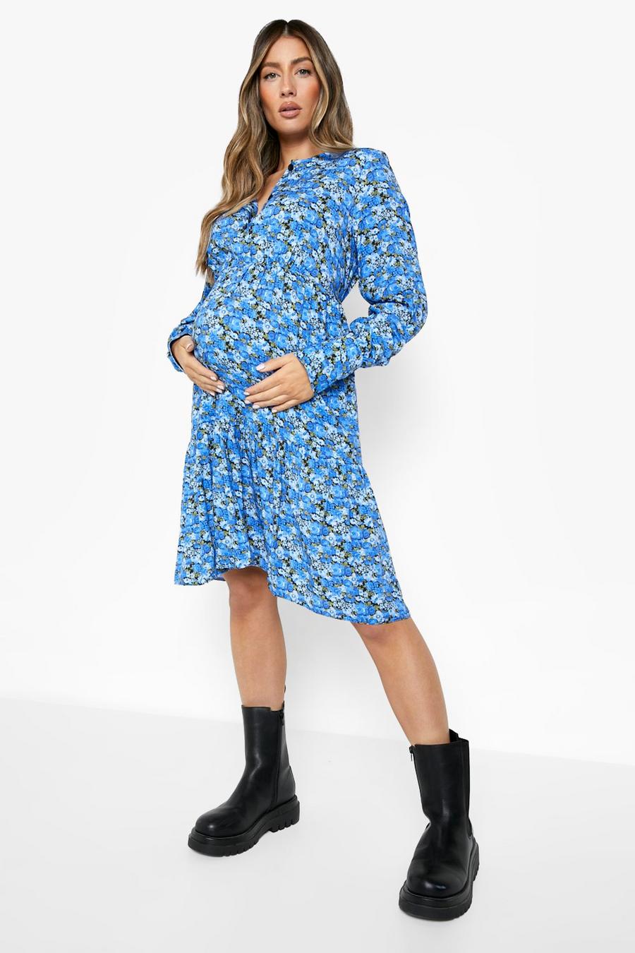 Black Maternity Woven Button Front Floral Smock Dress image number 1