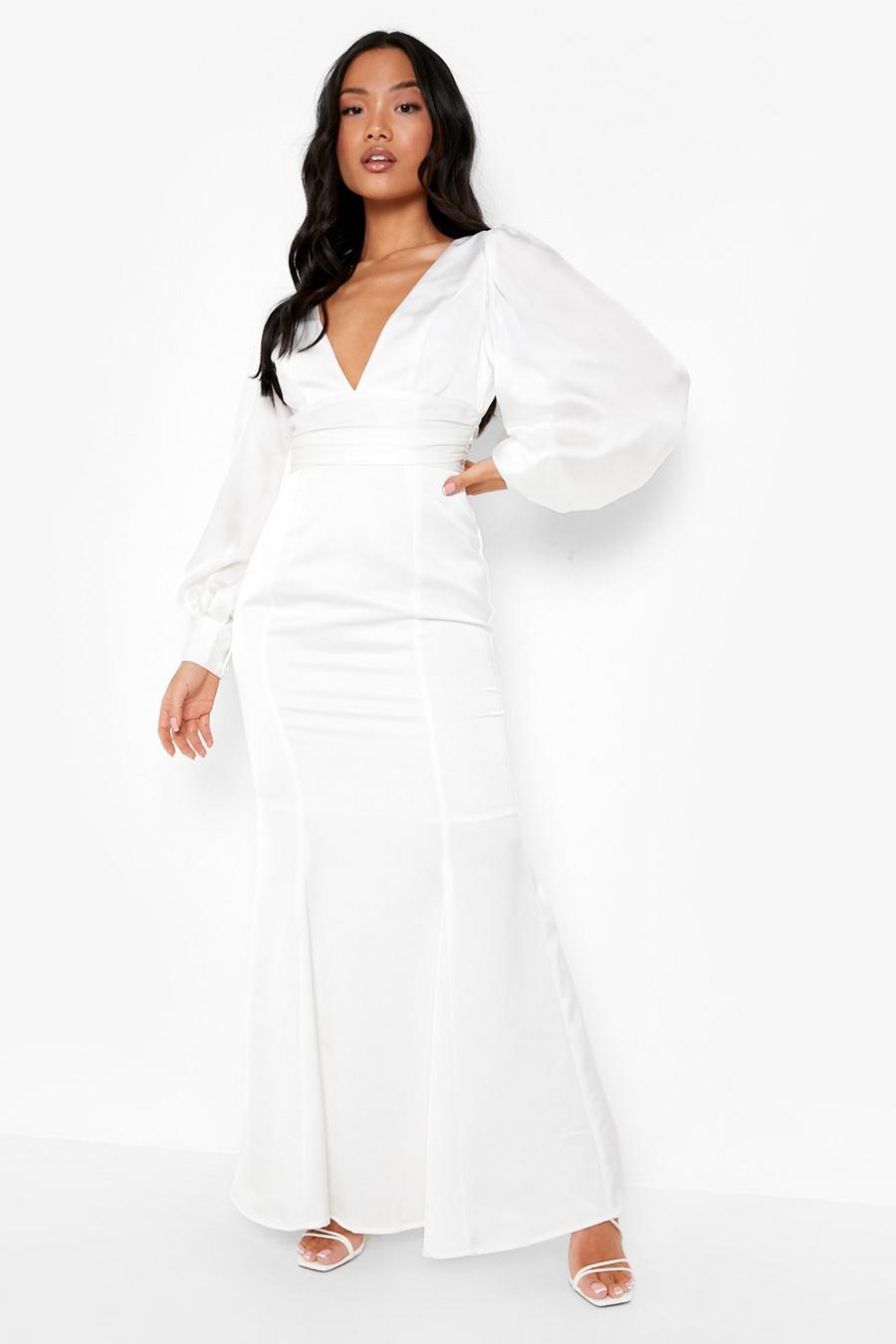 White Petite Puff Sleeve Satin Occasion Dress image number 1
