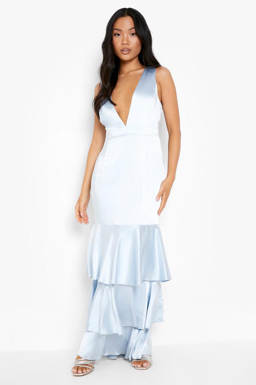 Blue Petite Satin Plunge Tiered Ruffle Maxi Dress image number 1