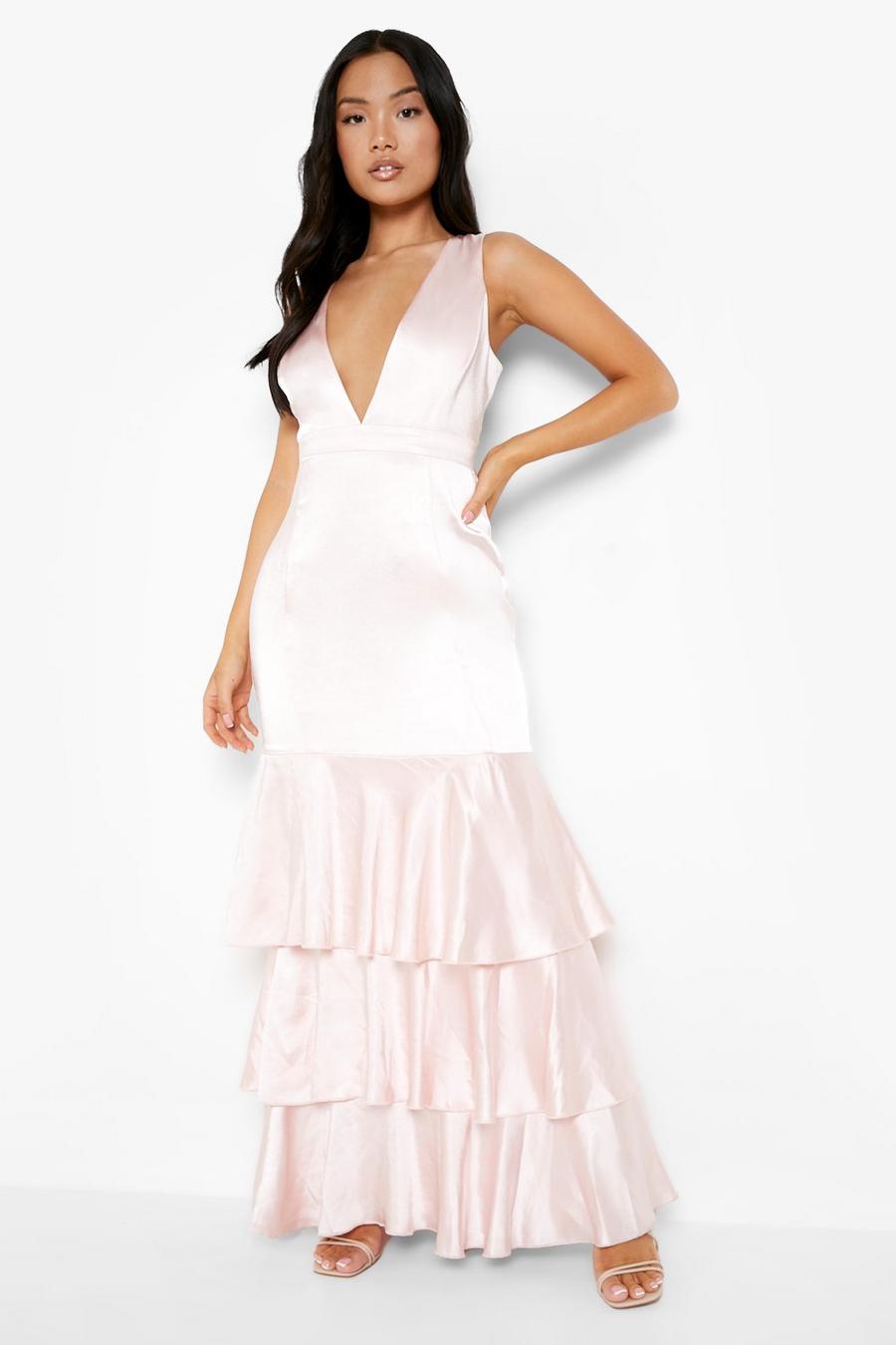 Blush pink Petite Satin Plunge Tiered Ruffle Maxi Dress image number 1