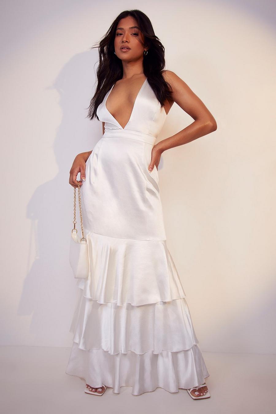 White Petite Satin Plunge Tiered Ruffle Maxi Dress image number 1