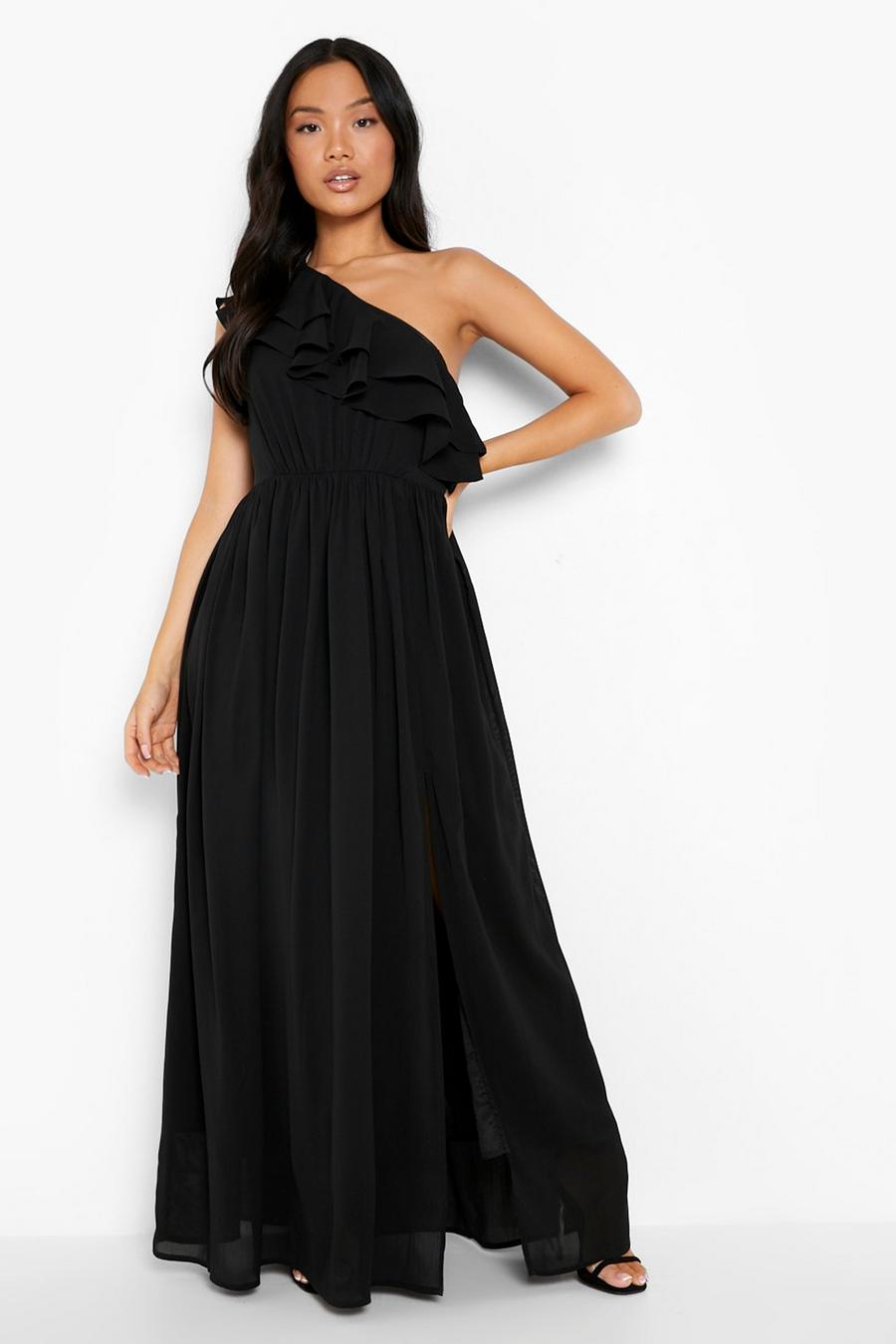 שחור שמלת מקסי פטיט אסימטרית מבד שיפון עם מלמלה image number 1