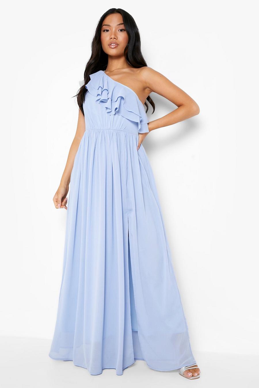 כחול חיוור שמלת מקסי פטיט אסימטרית מבד שיפון עם מלמלה image number 1