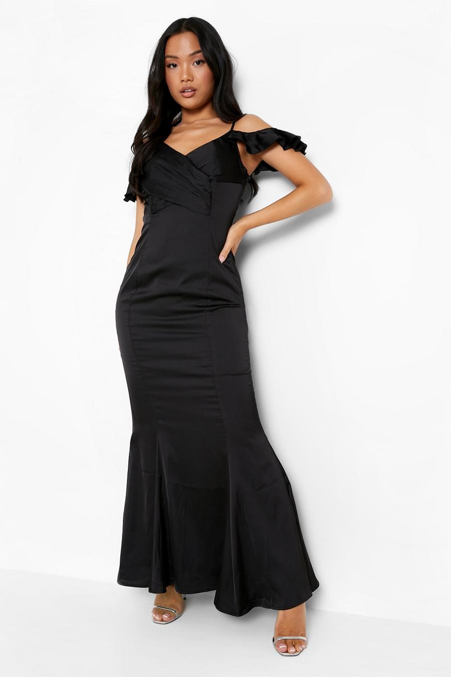 Black Petite Satin Wrap Cold Shoulder Maxi Dress image number 1