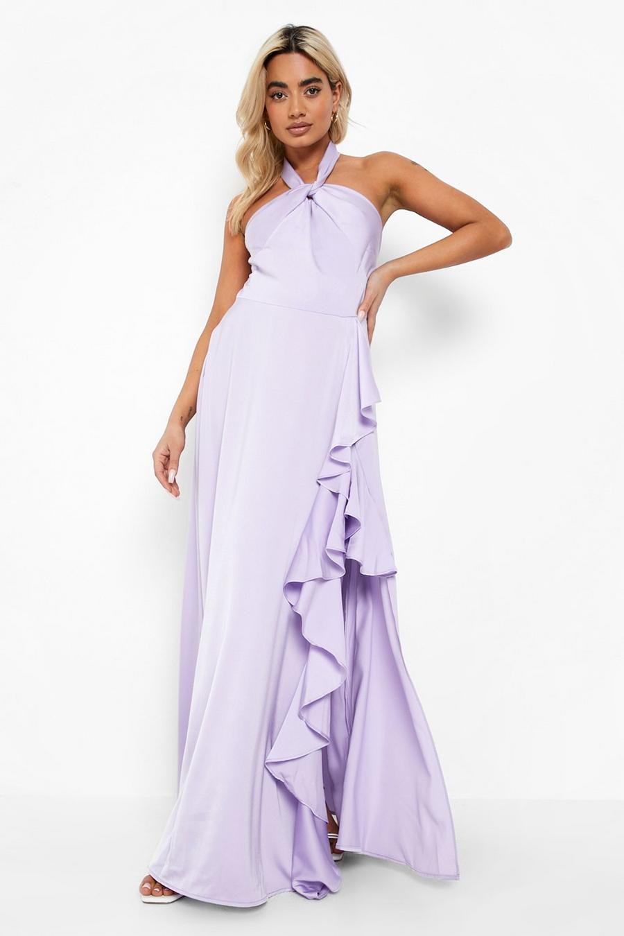 Lilac Petite Satin Occasion Halter Frill Maxi Dress image number 1