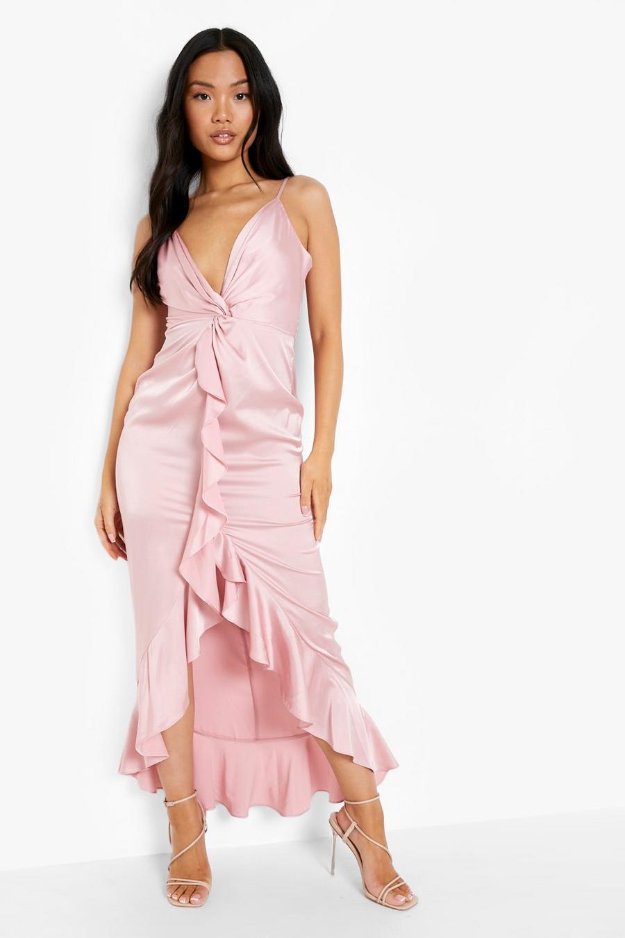 Blush rosa Petite Twist Front Ruffle Satin Midaxi Dress