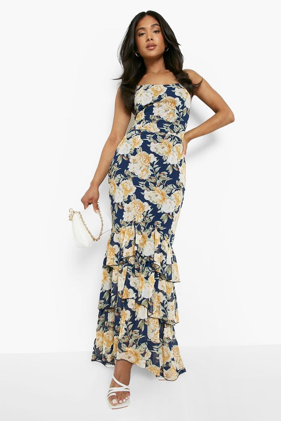 Navy Petite Floral Tiered Ruffle Fitted Maxi Dress image number 1