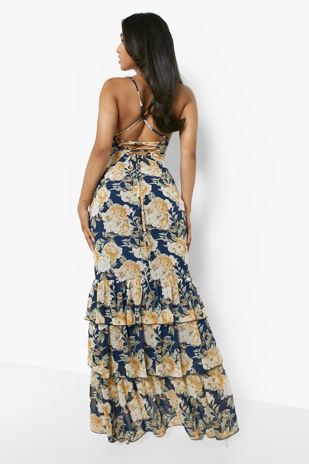 Women's Petite Floral Tiered Ruffle Fitted Maxi Dress