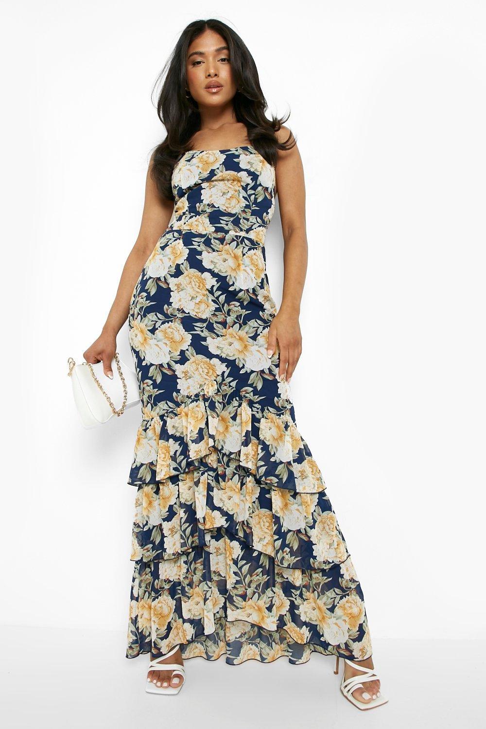 Petite Floral Tiered Ruffle Fitted Maxi Dress