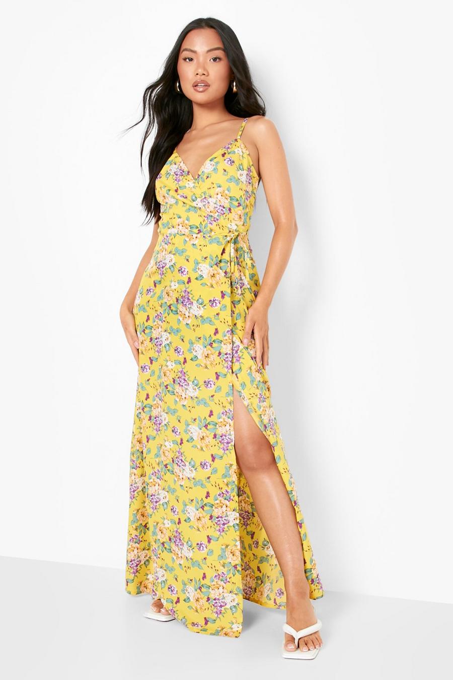 Yellow Petite Woven Floral Wrap Maxi Dress image number 1