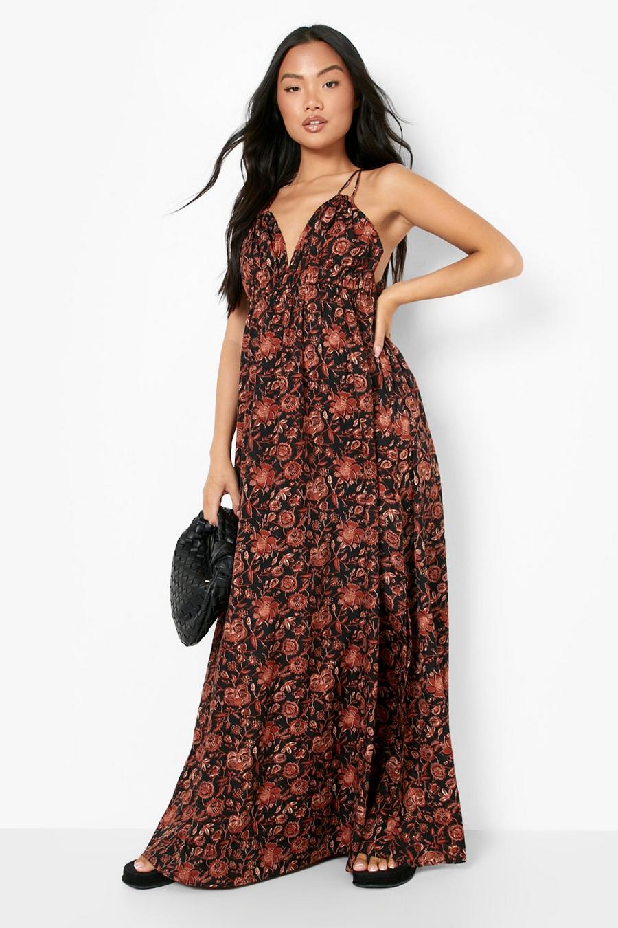 Black Petite Paisley Strappy Ruched Maxi Dress image number 1